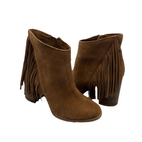 Arturo Chiang Suede Leather Fringe Chunky Heel Booties Boots Tan Camel Boho  7M - Picture 1 of 12